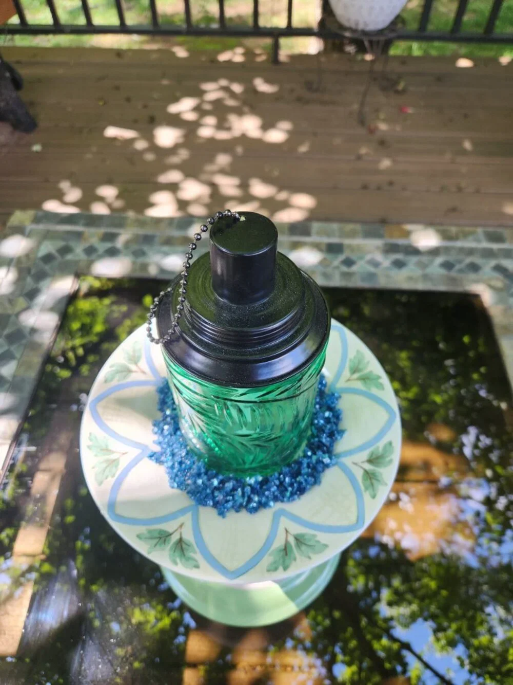 Upcycled Blue Green Tiki Torch Crushed Glass Accents